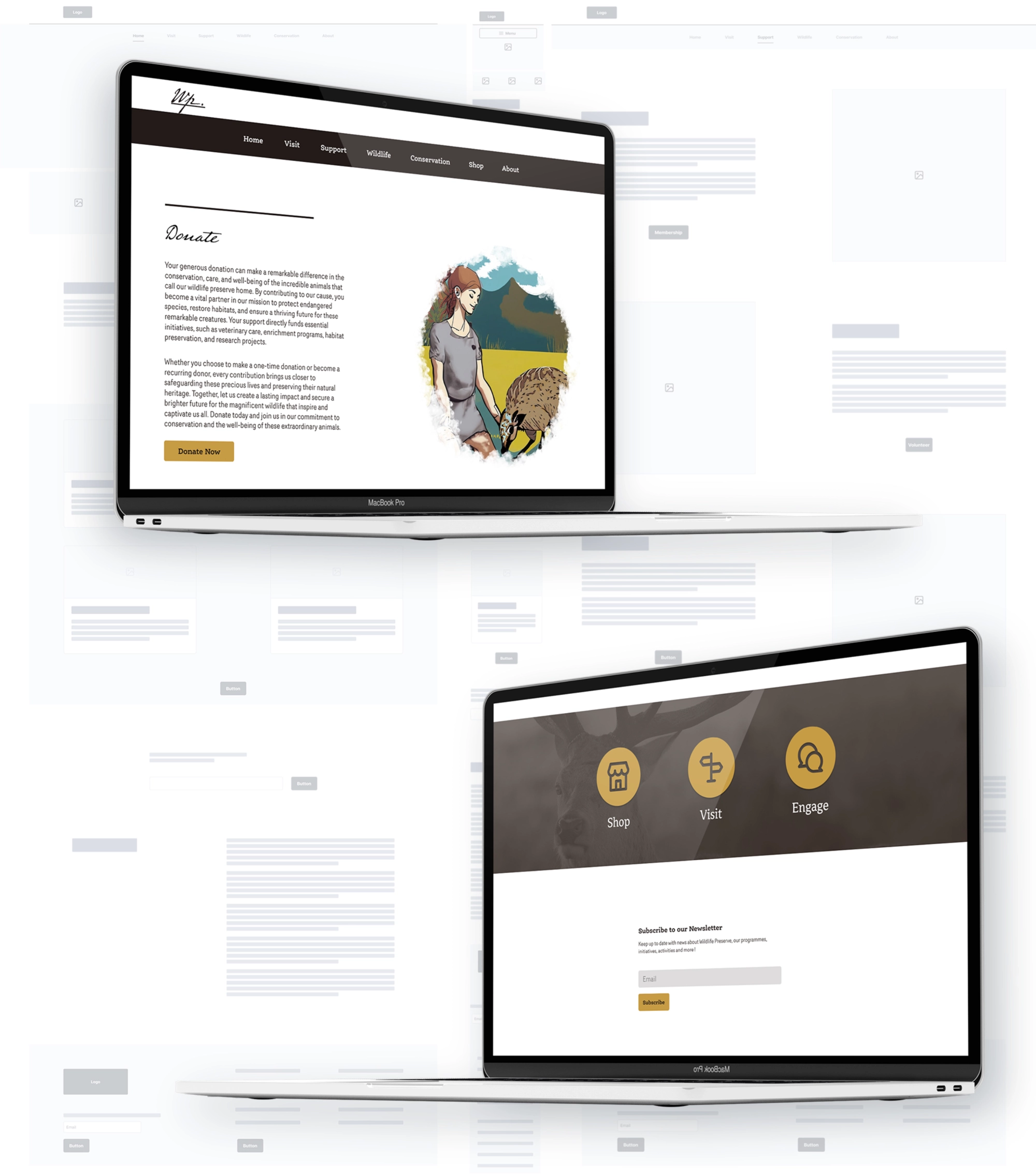 Wildlife preserve website case study screen mockups