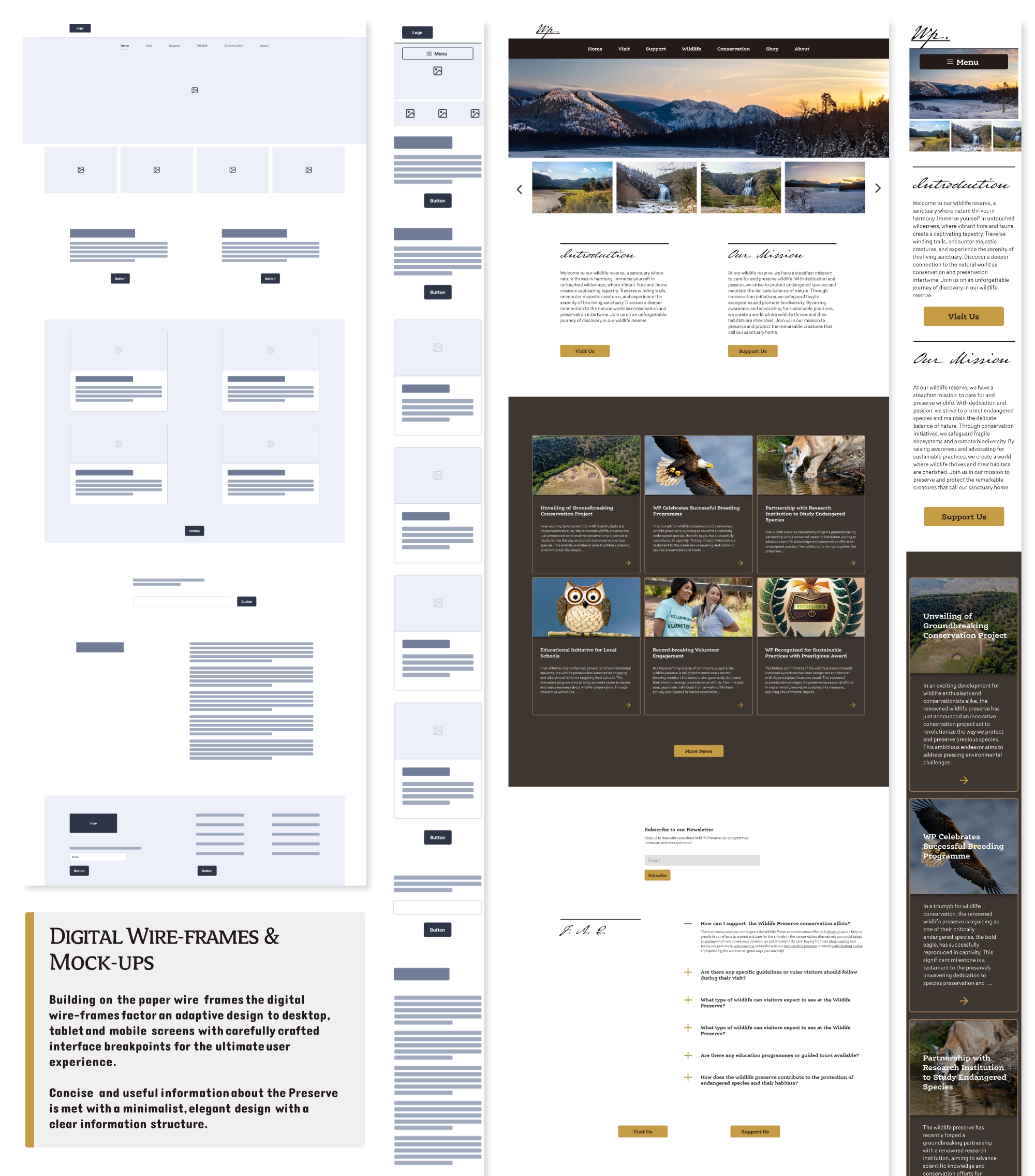 Wildlife preserve website case study wireframes and hi-fidelity screens.