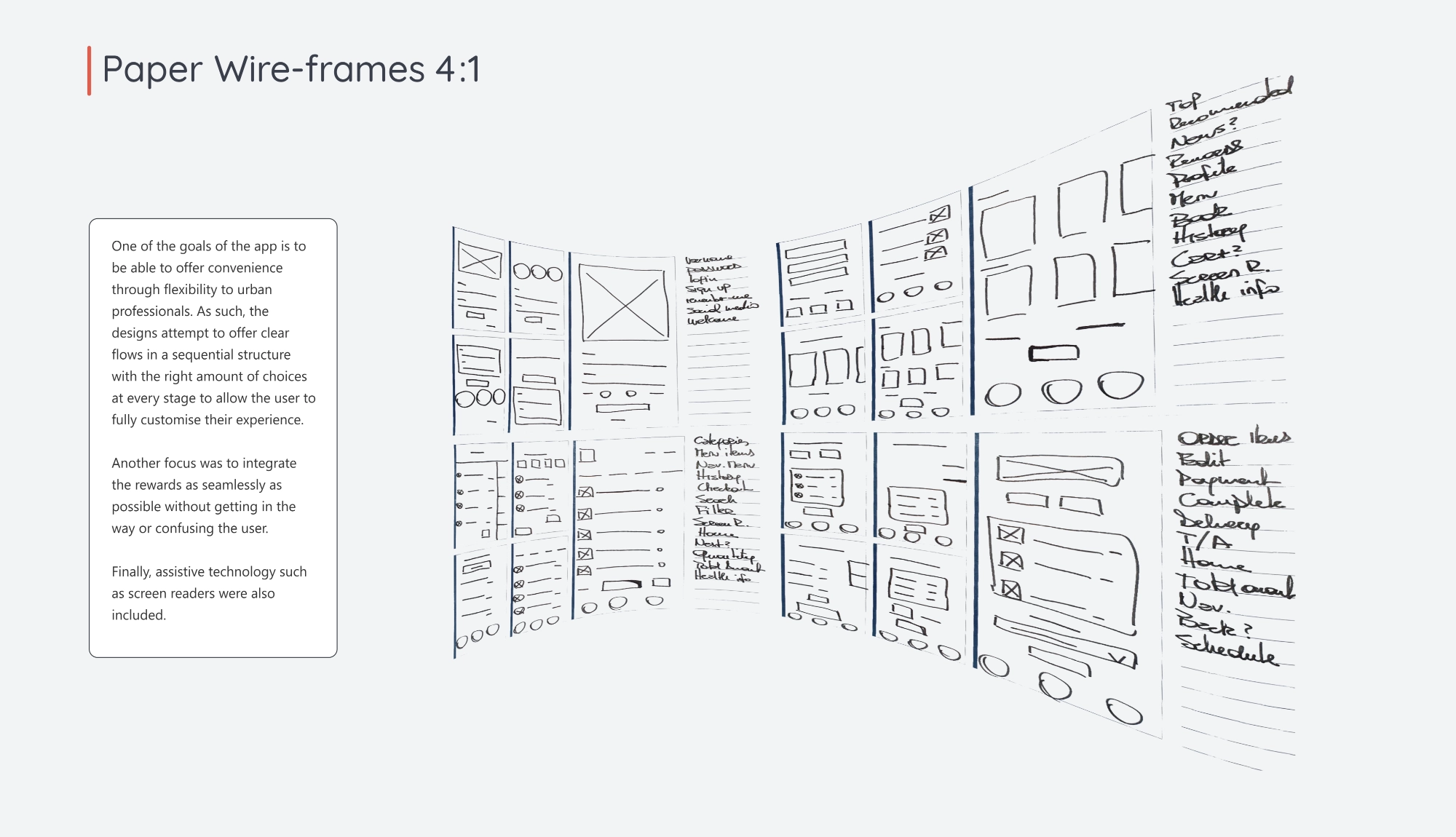 Sushi restaurant app paper wireframes