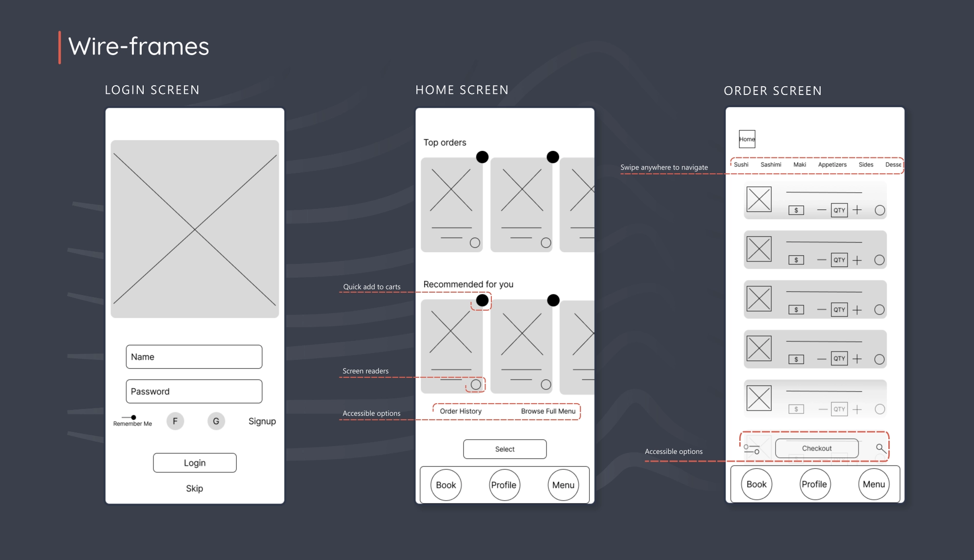 Sushi restaurant app low-fi wireframes